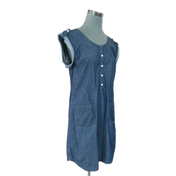 Women’s Dress GAP Denim Shift Dress Blue Front Pockets Roll Tab Shoulder Dress - Picture 9 of 12